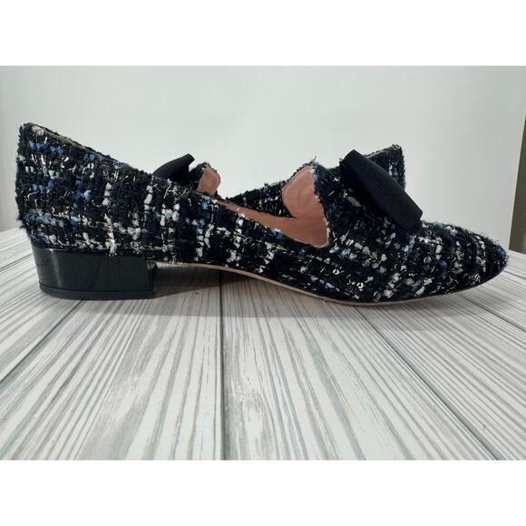 Kate Spade Blue Gino Tuxedo Tweed Loafer Heels Women’s 8M Black Bow Chunky Heel - Picture 4 of 10
